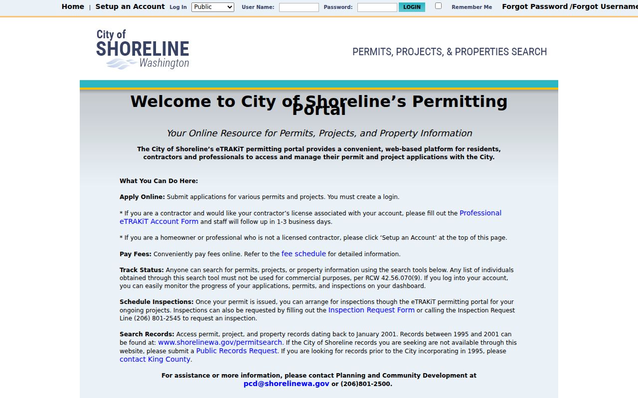 Shoreline people search through eTRAKiT permits and properties
