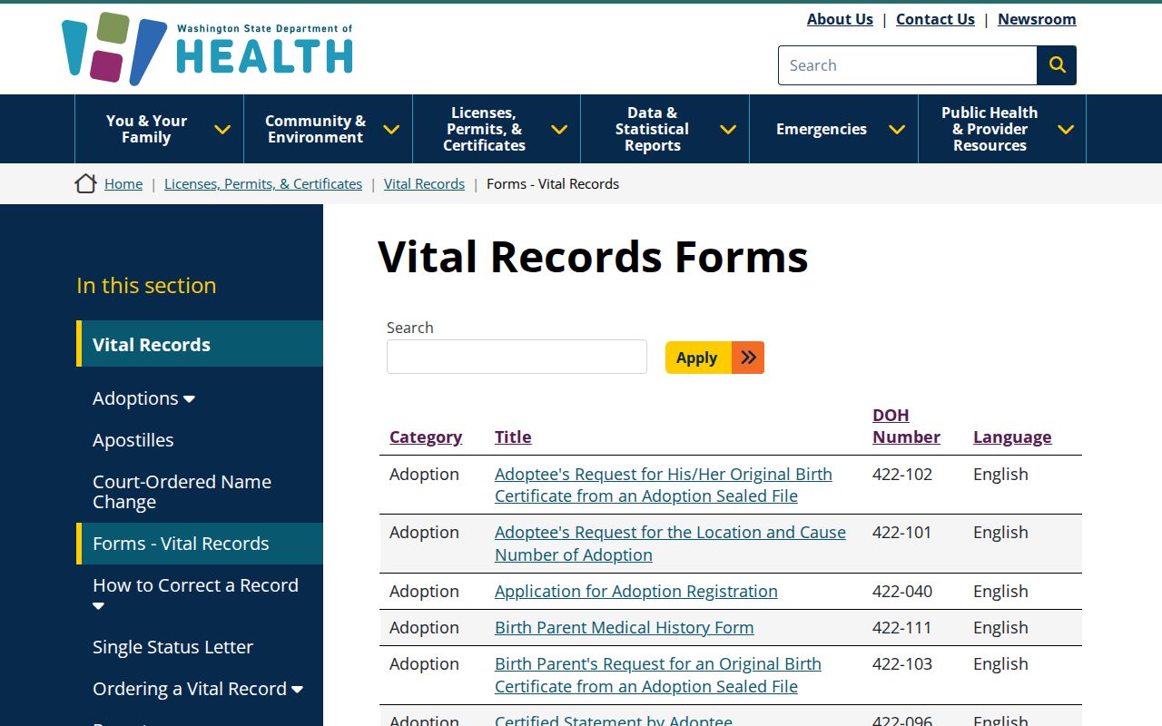 Shoreline people search using Washington vital record forms
