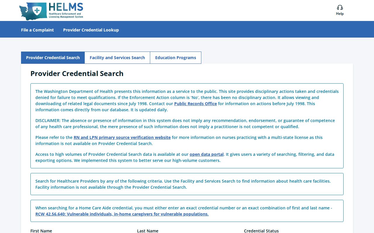 Shoreline public records search for Washington health credentials